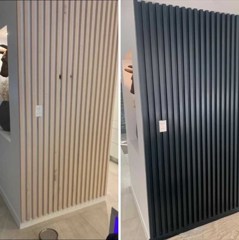 Feature batten wall before painting in raw timber, and after painted black, side by side