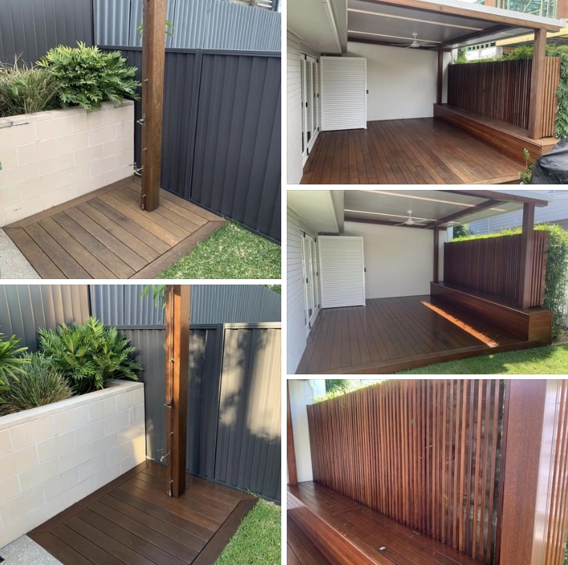 Hardwood deck, outdoor shower platform and timber batten privacy screen
