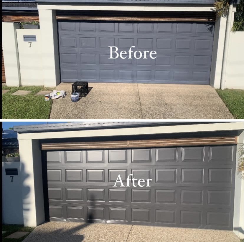 Garage door before and after repainting, labelled before and after